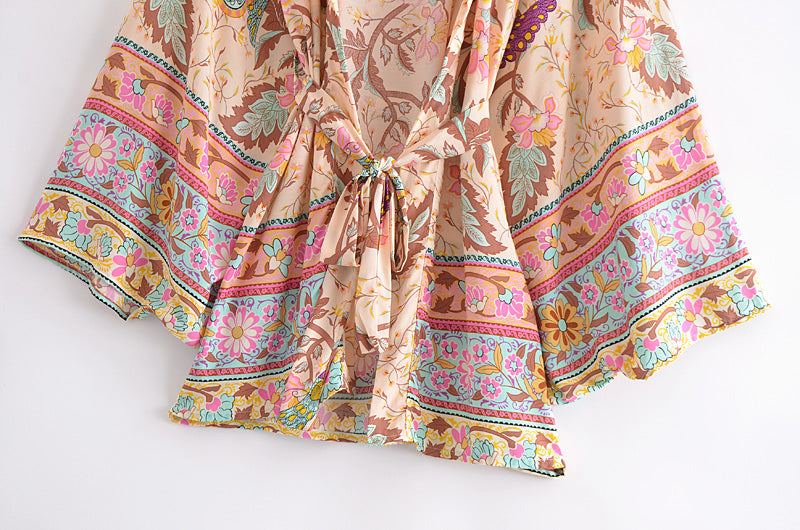 Boho Vintage Peacock Floral Print Short Kimono Jacket
