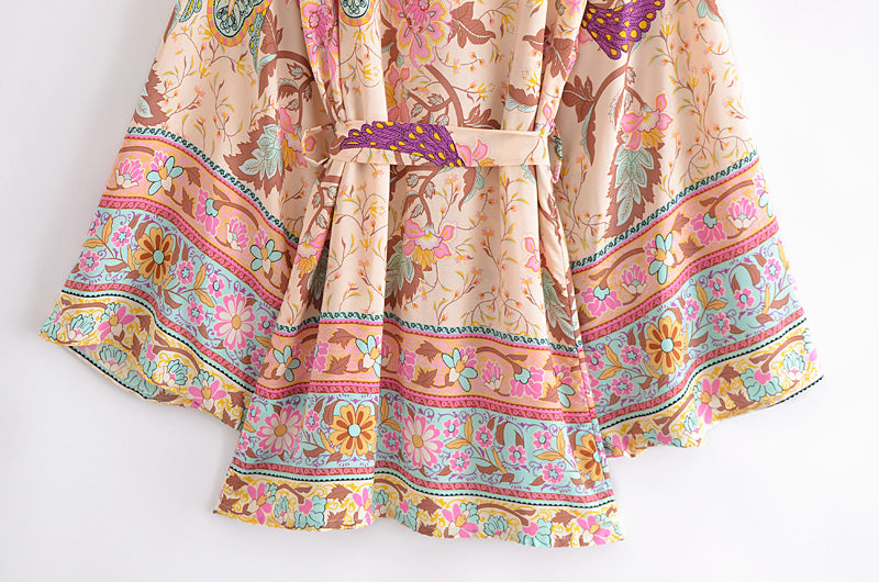 Boho Vintage Peacock Floral Print Short Kimono Jacket