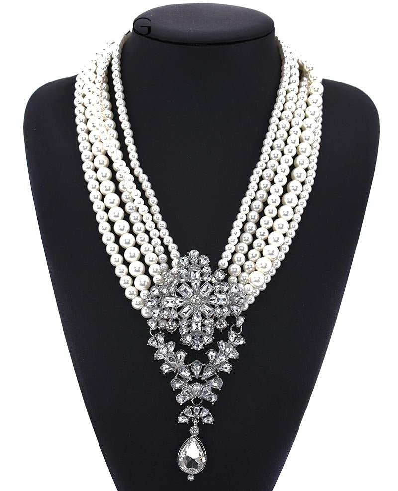 Gatsby Lux Multi Layered Imitation Pearl and Crystal Statement Necklace
