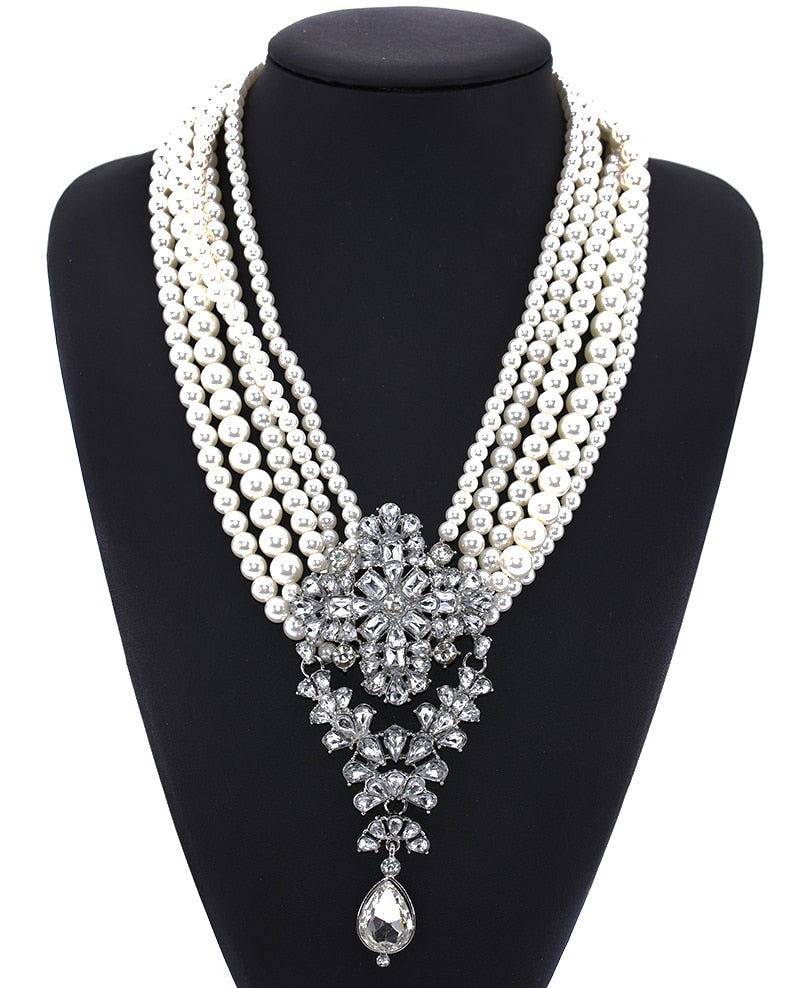 Gatsby Lux Multi Layered Imitation Pearl and Crystal Statement Necklace