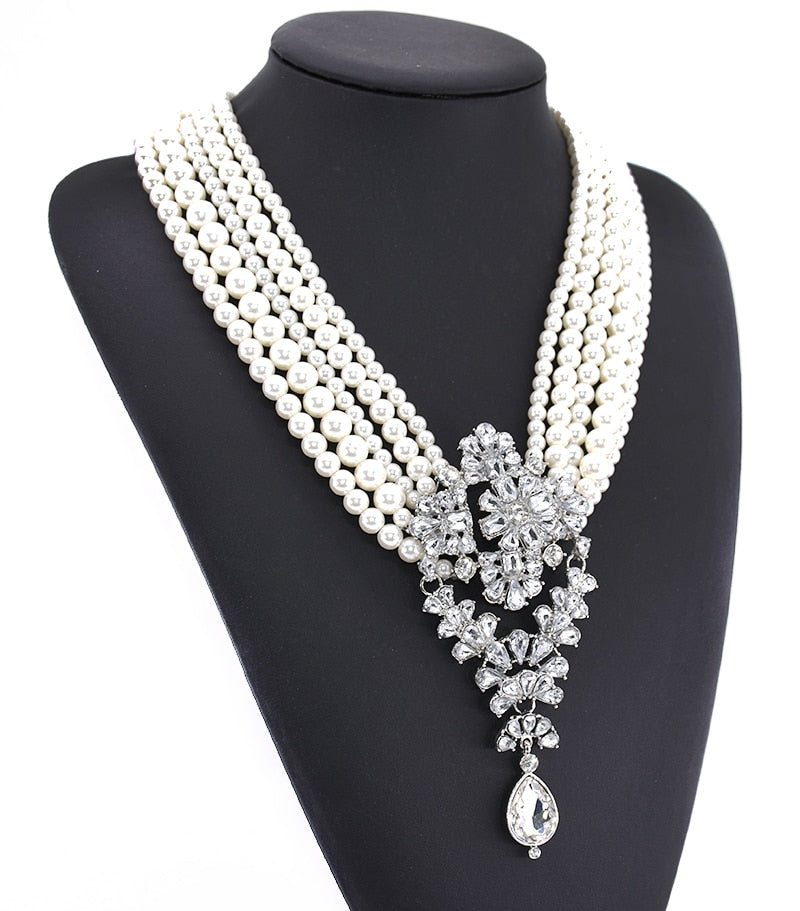 Gatsby Lux Multi Layered Imitation Pearl and Crystal Statement Necklace