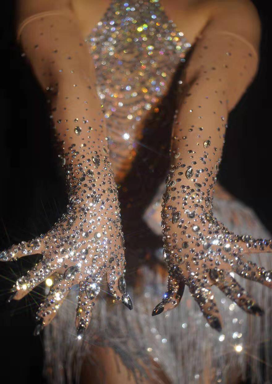 Luxurious Sparkly Crystal Mesh Long Gloves