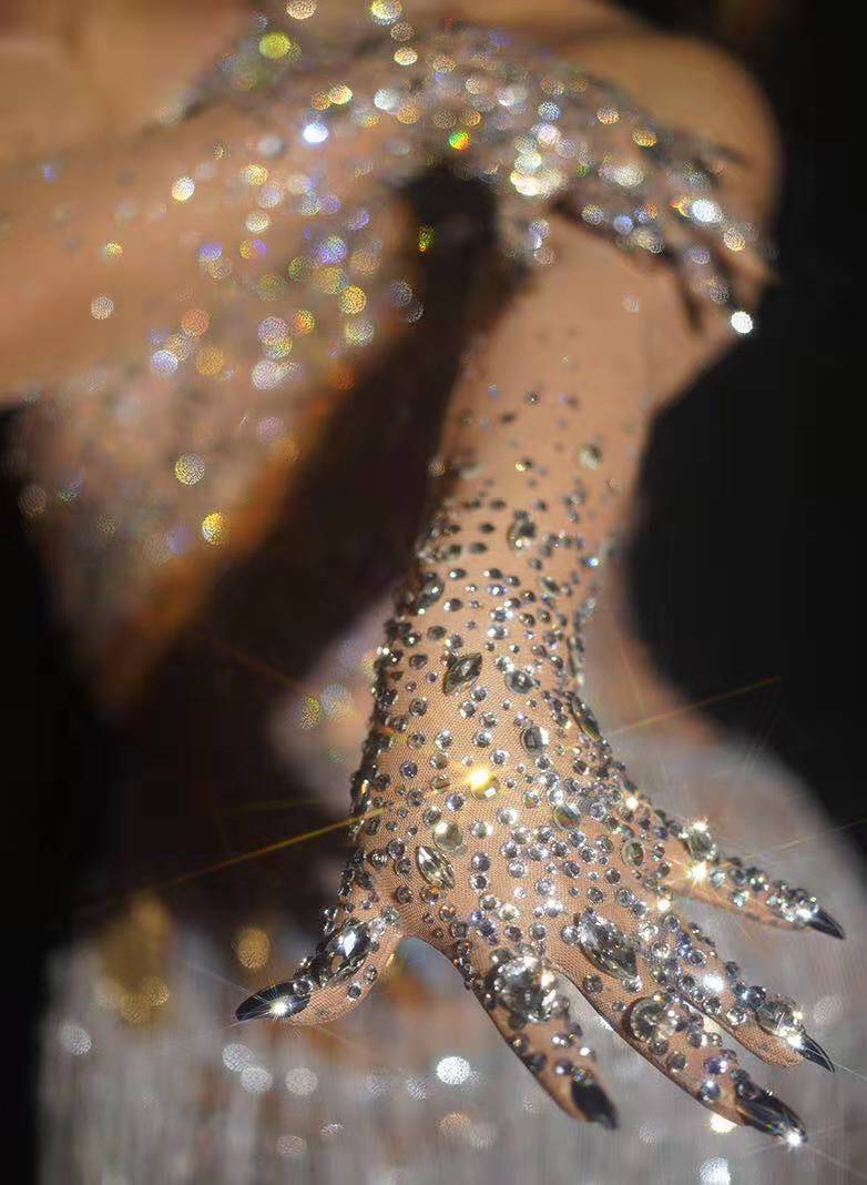 Luxurious Sparkly Crystal Mesh Long Gloves