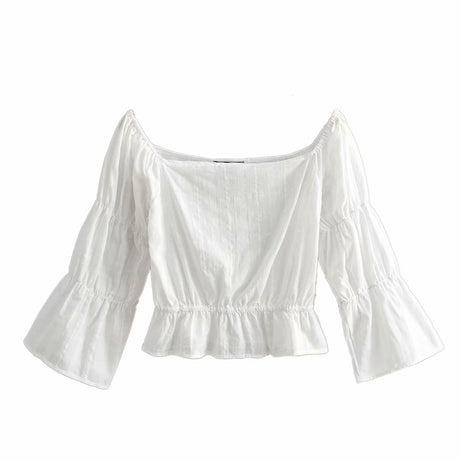 Boat Neck Cotton Boho Cropped Blouse