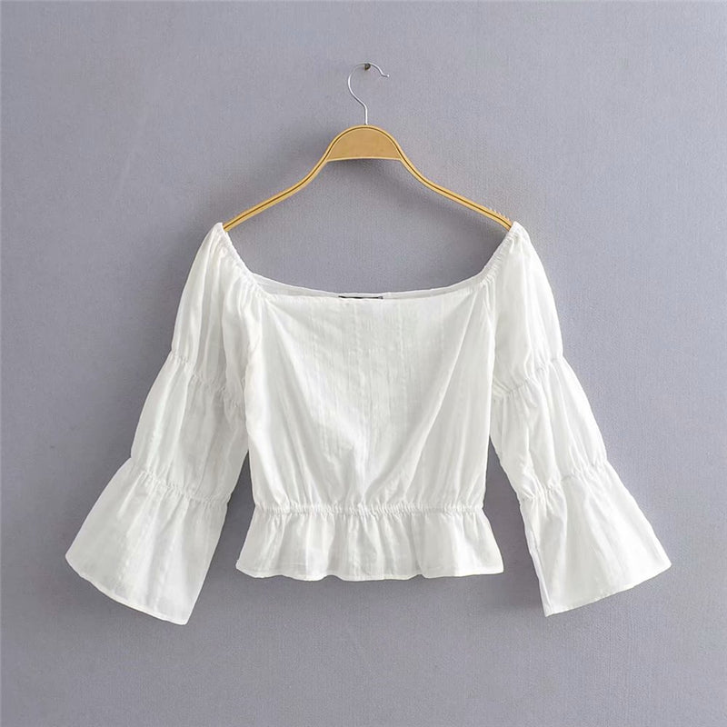 Boat Neck Cotton Boho Cropped Blouse