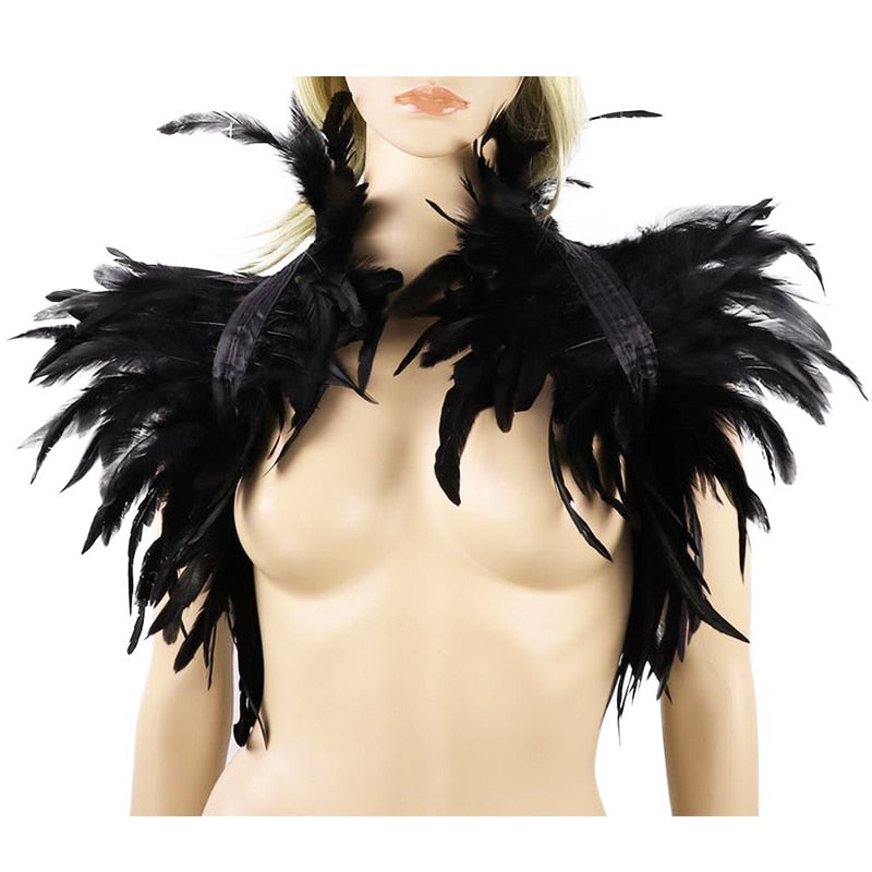 Black Rooster Feather Shrug Gothic Collar with Ribbon Ties