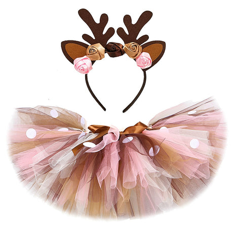 Fluffy Brown Deer Girl Tutu Skirt Christmas Costume Kids Reindeer Tulle Skirt 1-14 Years