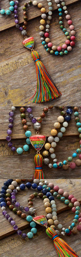 Natural Stones Chakra Charm Tassel Rosary Necklace