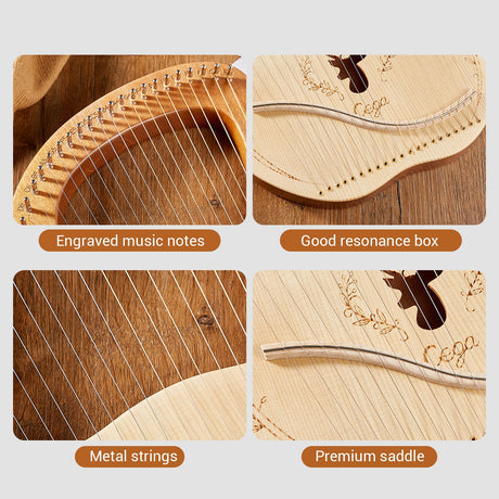 Mahogany Lyre Harp 21 Metal Strings String Instrument