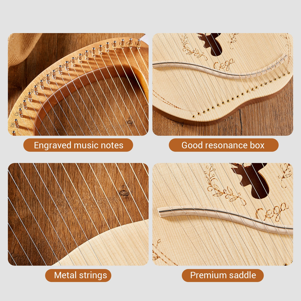 Mahogany Lyre Harp 21 Metal Strings String Instrument