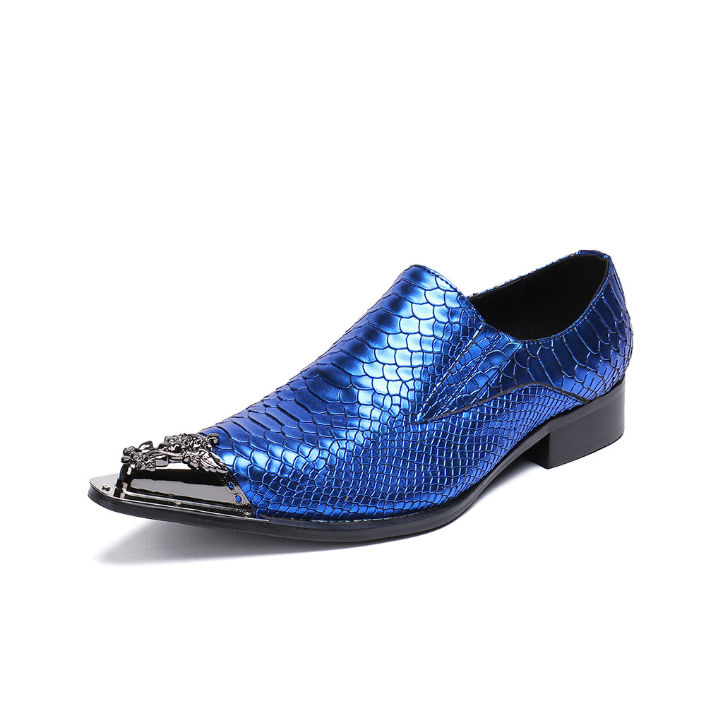 Mens Blue Steel Baby Metal Pointed Genuine Leather Dress Shoes