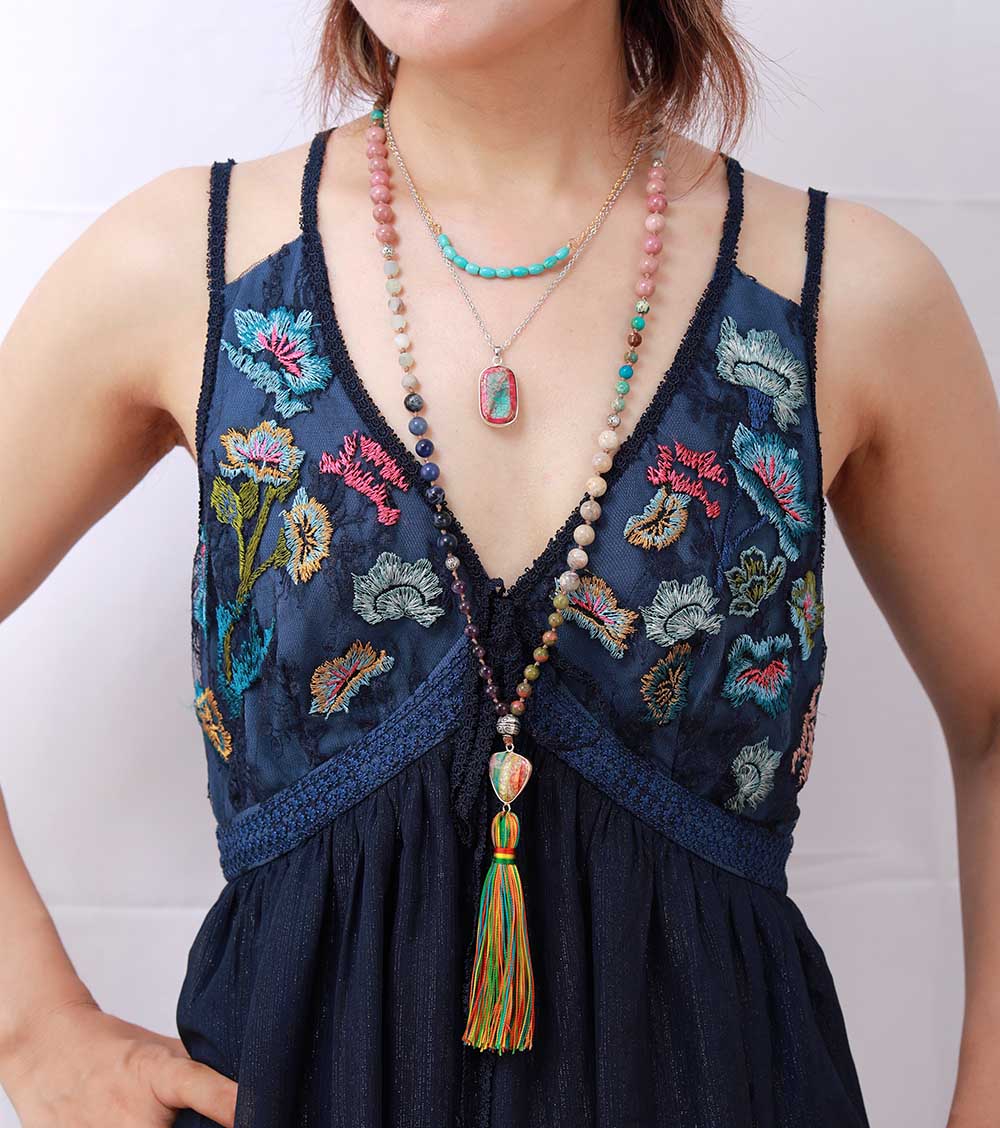 Natural Stones Chakra Charm Tassel Rosary Necklace