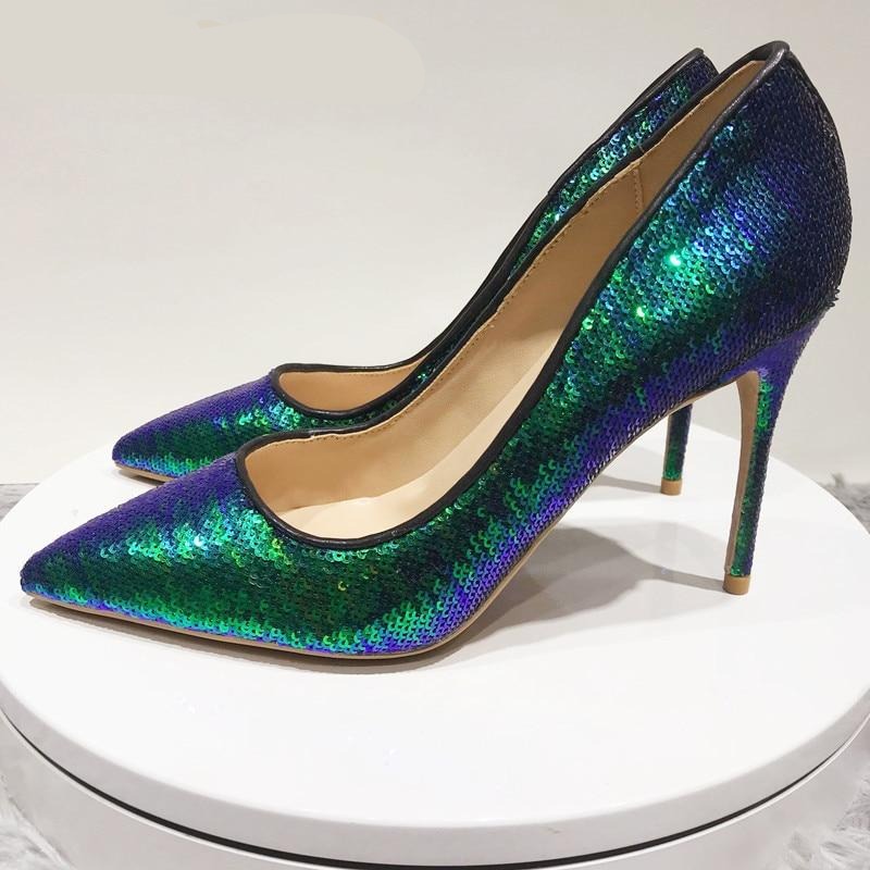 Dark Green Sparkly Sequins Stiletto Pumps High Heel Shoes Sizes