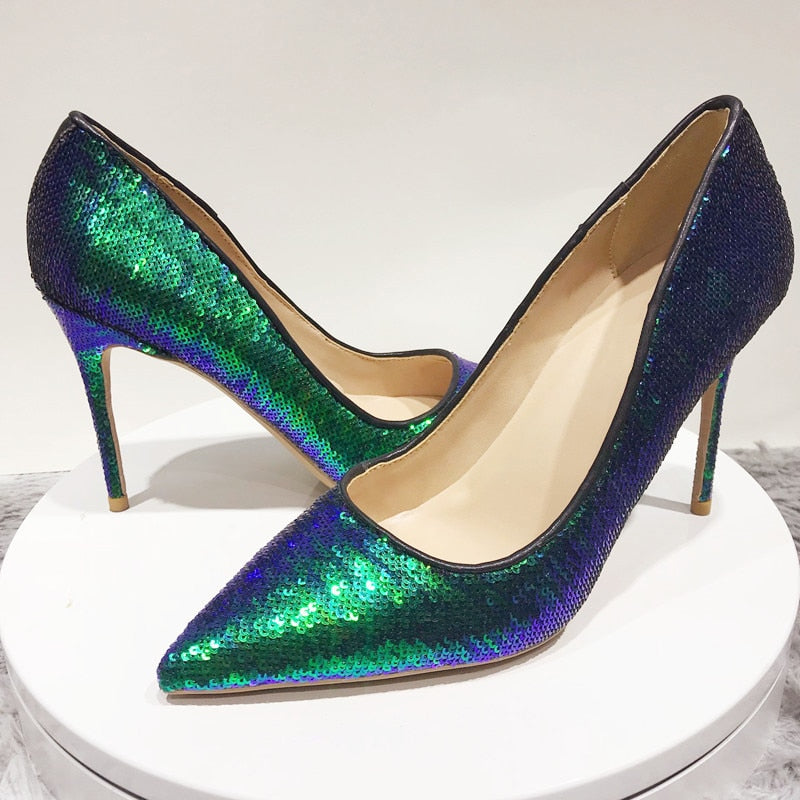 Dark Green Sparkly Sequins Stiletto Pumps High Heel Shoes Sizes 3-12