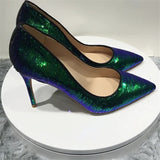 Dark Green Sparkly Sequins Stiletto Pumps High Heel Shoes Sizes 3-12