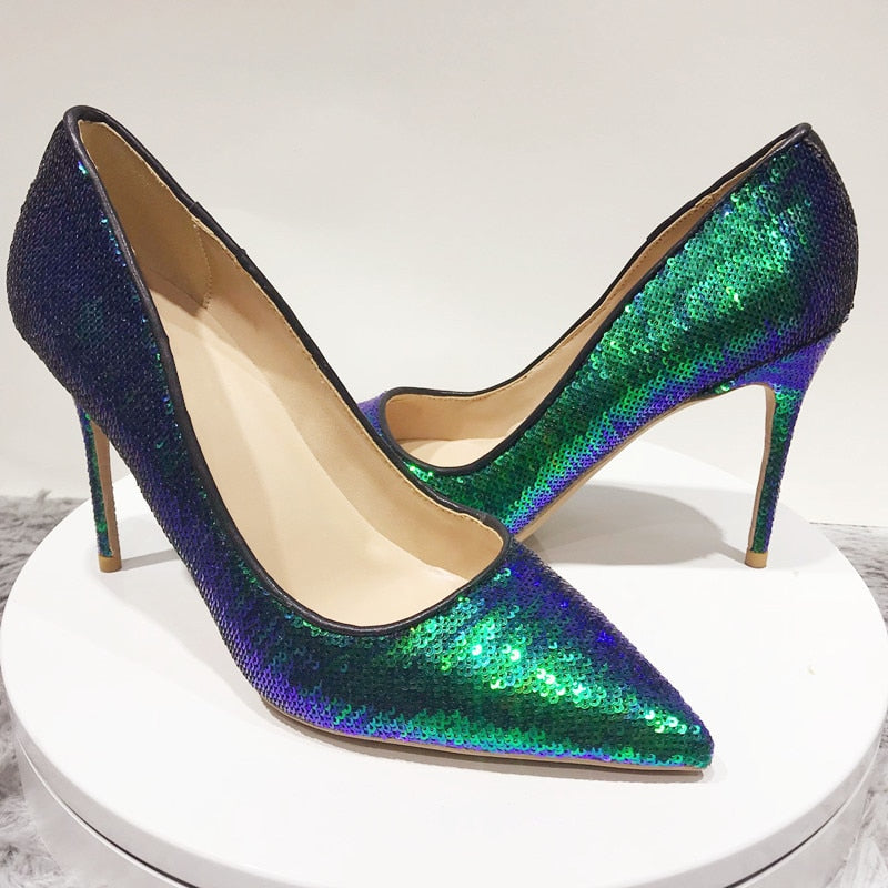 Dark Green Sparkly Sequins Stiletto Pumps High Heel Shoes Sizes 3-12