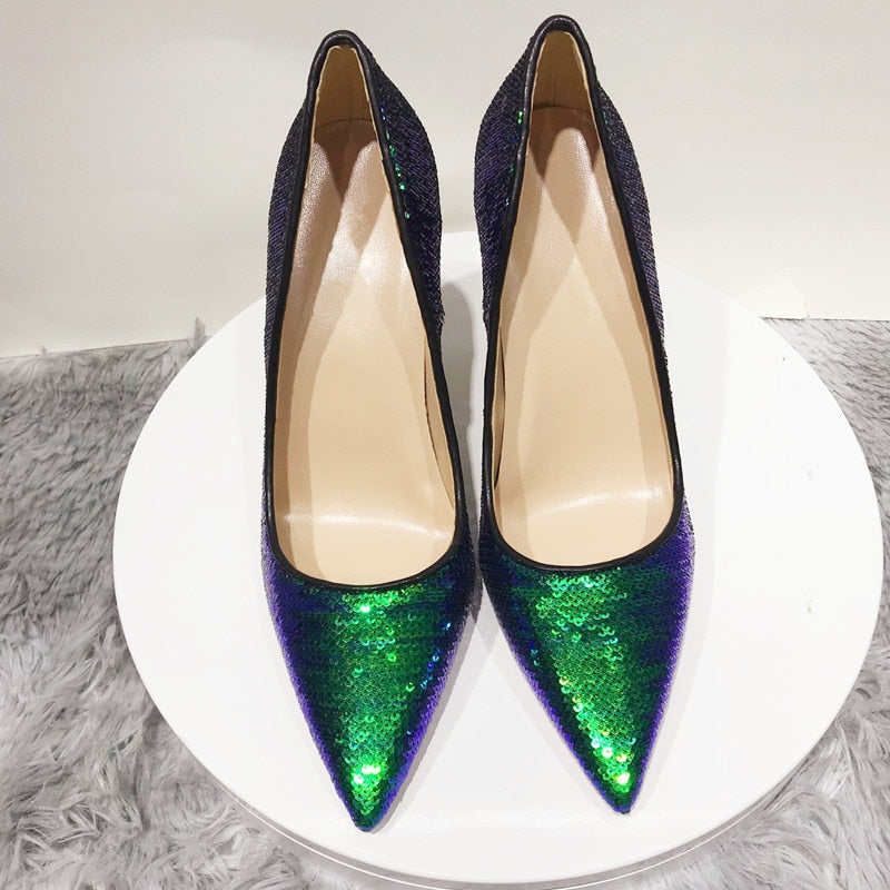 Dark Green Sparkly Sequins Stiletto Pumps High Heel Shoes Sizes 3-12