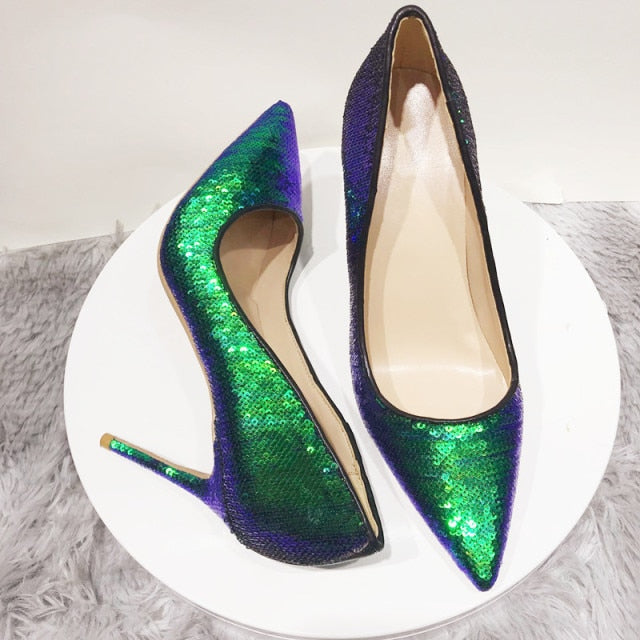Dark Green Sparkly Sequins Stiletto Pumps High Heel Shoes Sizes 3-12