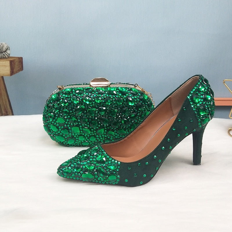 Wickedly Green Crystal Party Shoes and Matching Purse