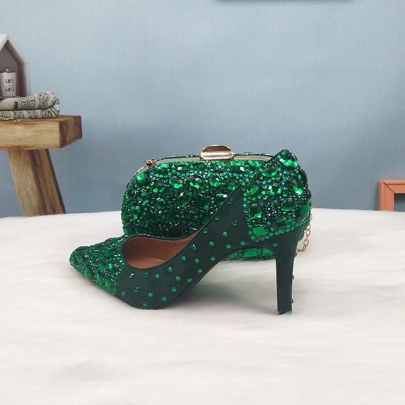 Wickedly Green Crystal Party Shoes and Matching Purse