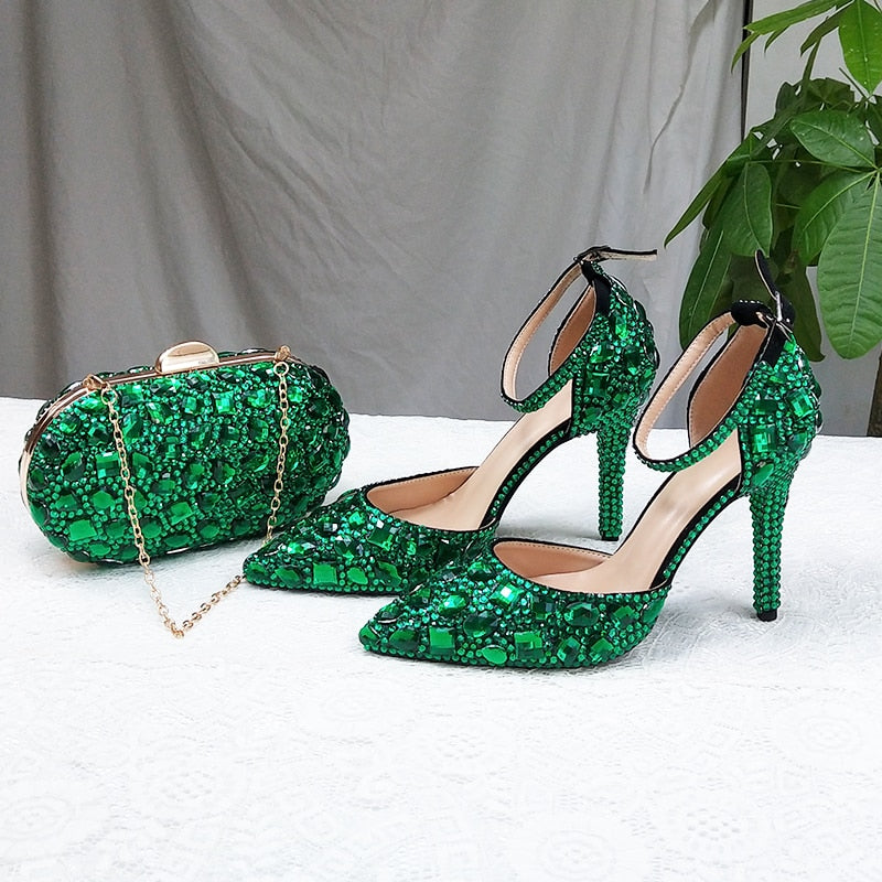 Wickedly Green Crystal Party Shoes and Matching Purse