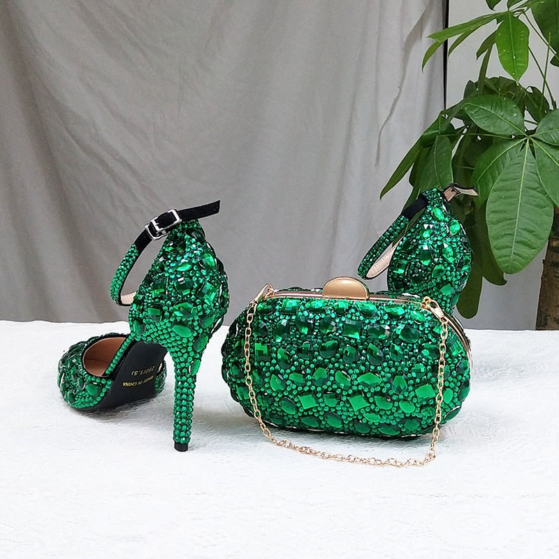 Wickedly Green Crystal Party Shoes and Matching Purse