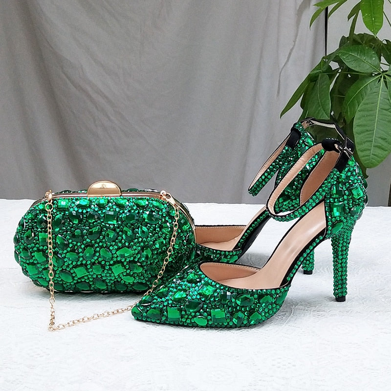 Wickedly Green Crystal Party Shoes and Matching Purse