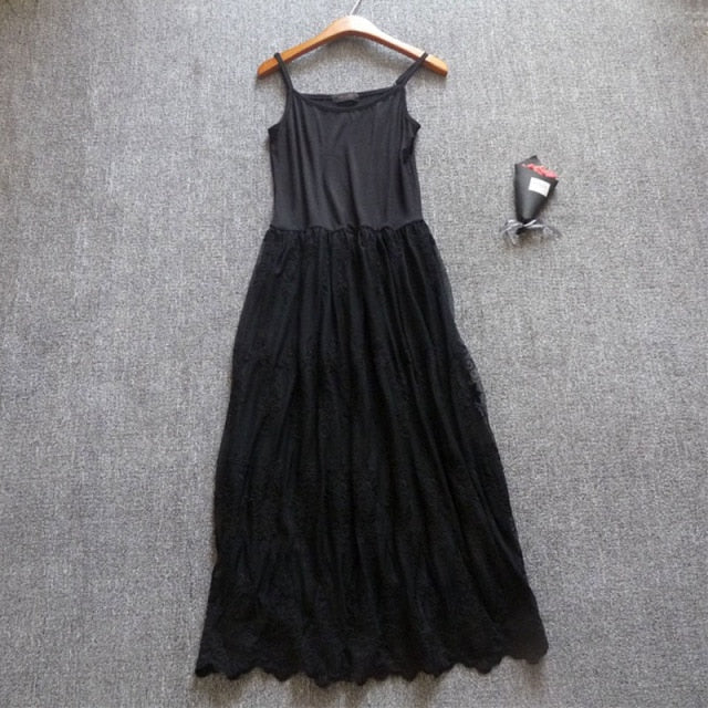Mori Sweet Lace Layering Dress Black White Floral Embroidery Underdress
