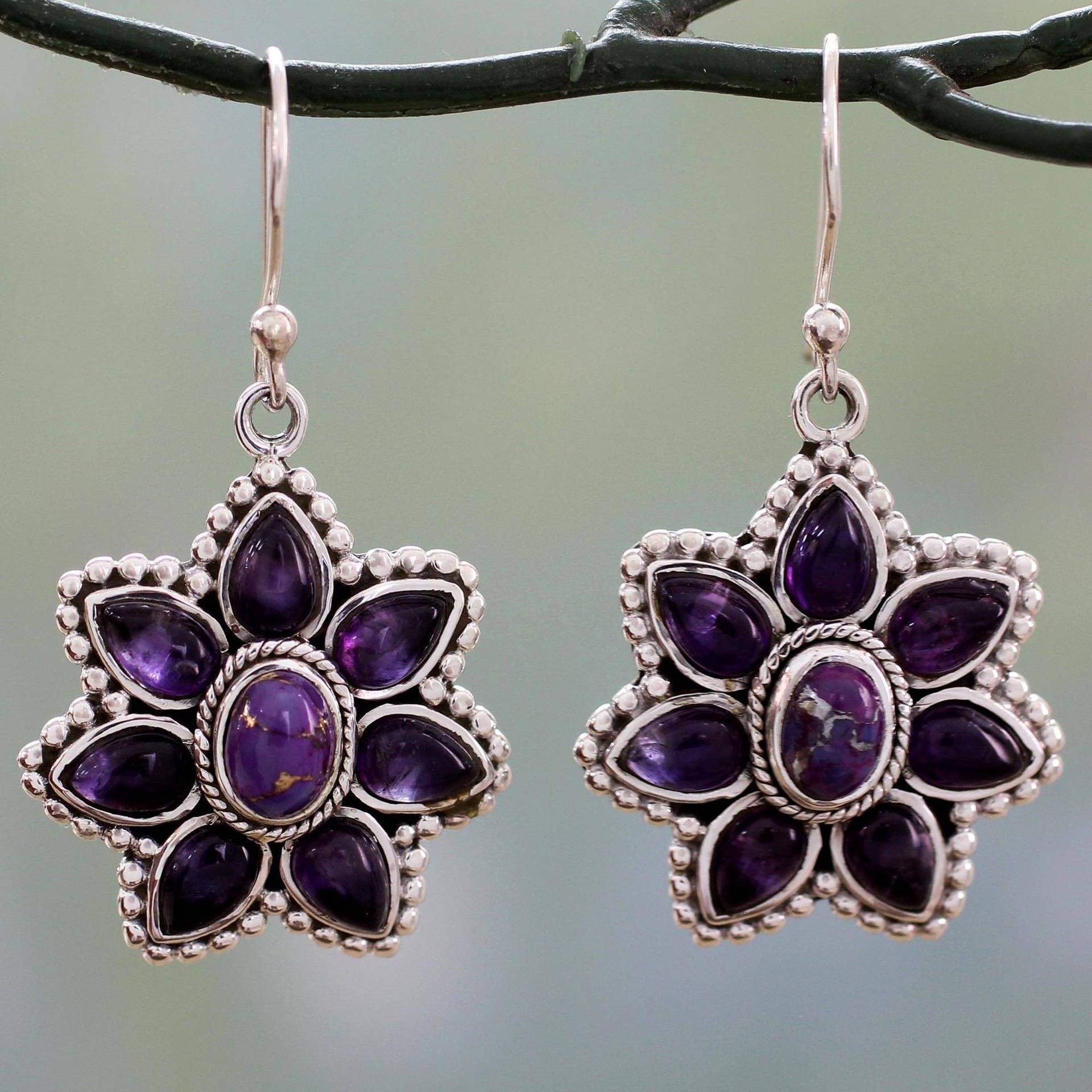 Purple Crystal Flower Drop Earrings