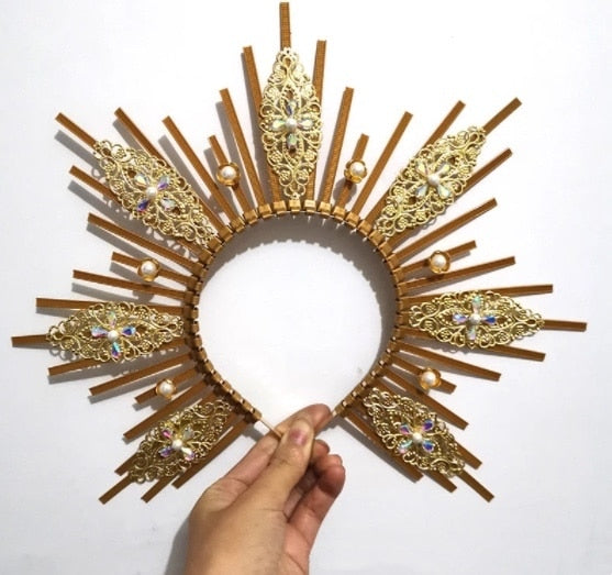 Rose Goddess Crown Spiked Halo Headband Met Gala Sunburst Headpiece