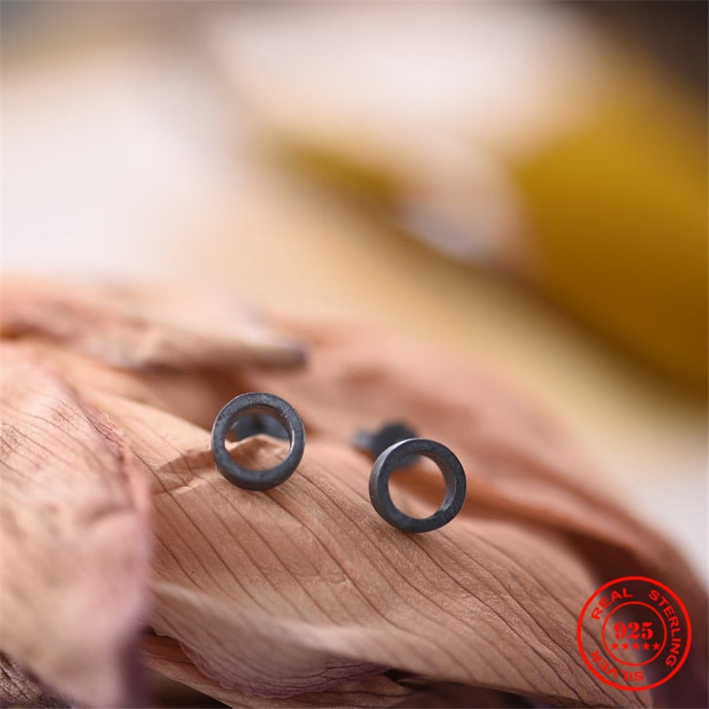 Round Stud Earrings Oxidized Black 925 Sterling Silver