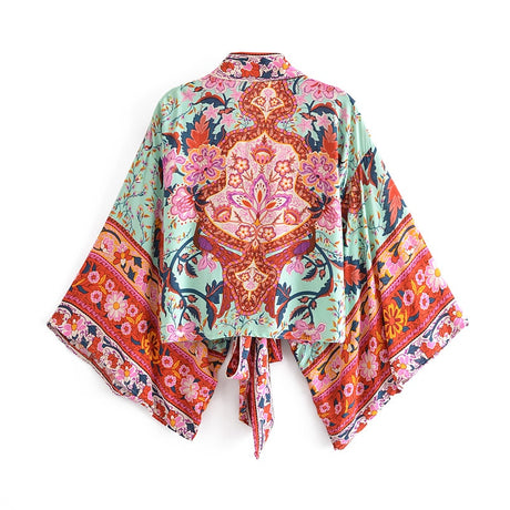 Boho Vintage  Floral Print Short Kimono Blouse