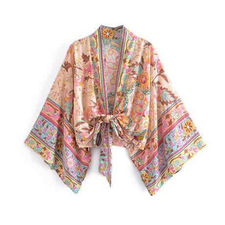 Boho Vintage  Floral Print Short Kimono Blouse