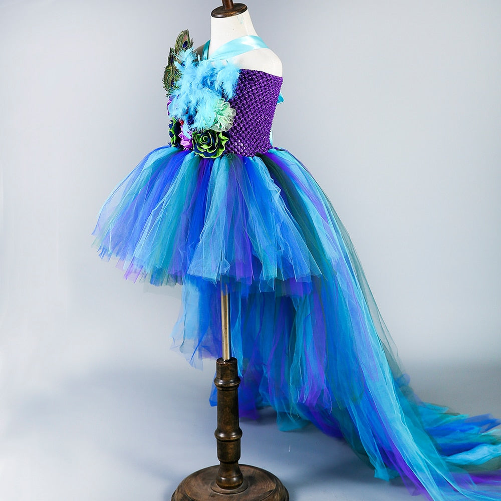 Girls Peacock Tutu Tulle Dress Long Train