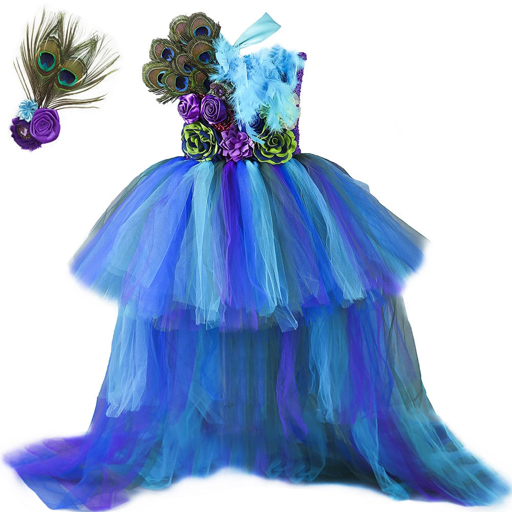 Girls Peacock Tutu Tulle Dress Long Train