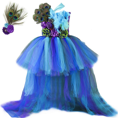 Girls Peacock Tutu Tulle Dress Long Train