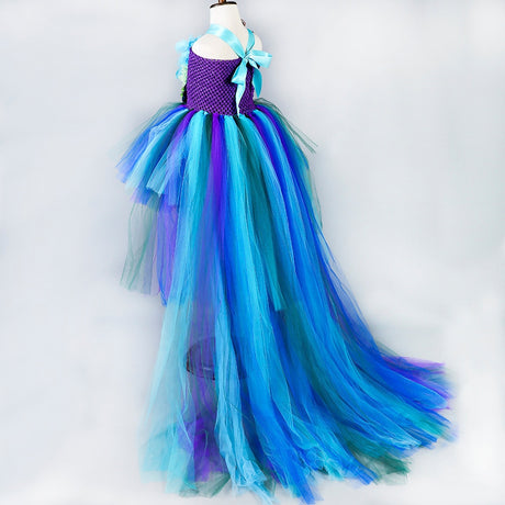 Girls Peacock Tutu Tulle Dress Long Train