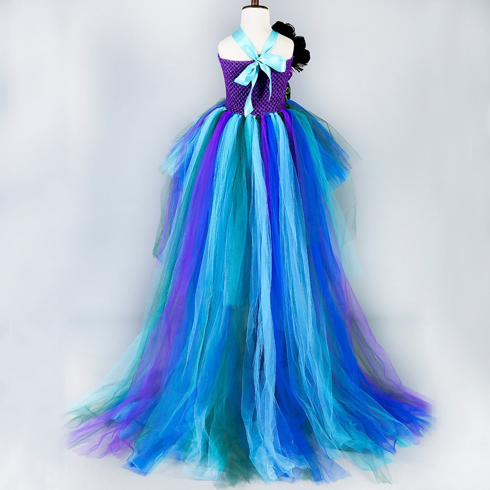 Girls Peacock Tutu Tulle Dress Long Train