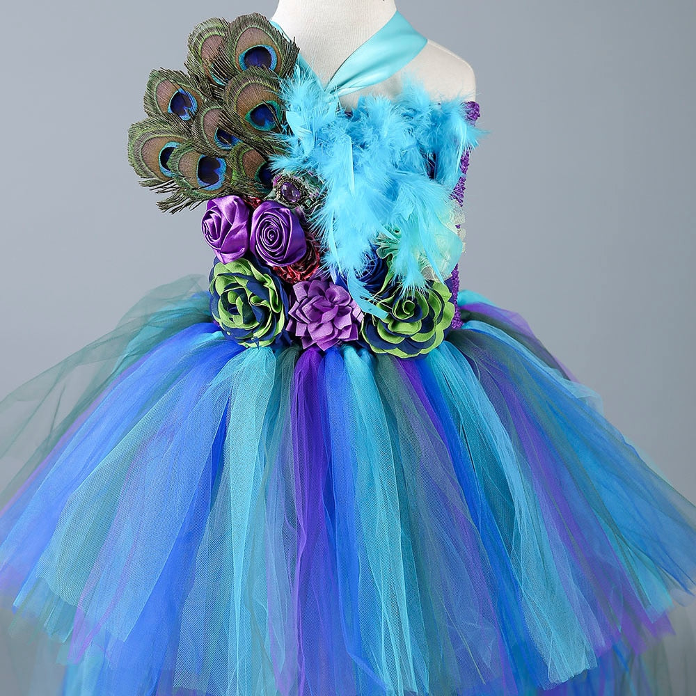 Girls Peacock Tutu Tulle Dress Long Train