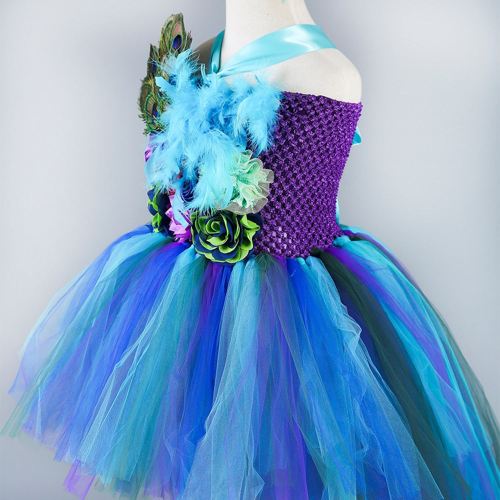 Girls Peacock Tutu Tulle Dress Long Train