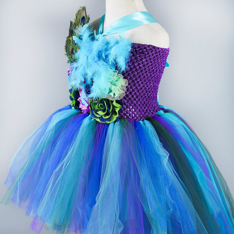 Girls Peacock Tutu Tulle Dress Long Train