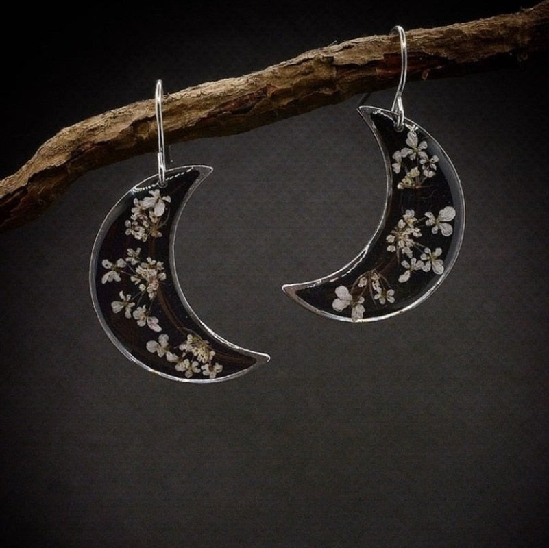 Boho Botanical Crescent Moon Earrings with Pressed Flowers