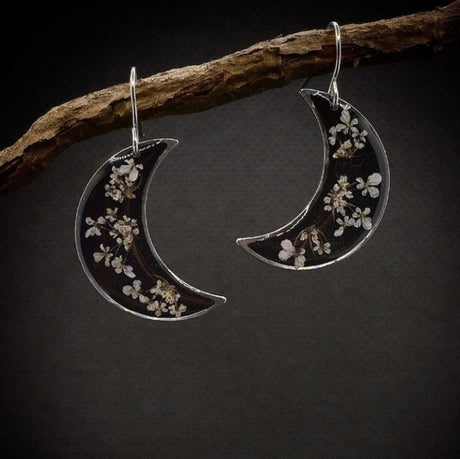 Boho Botanical Crescent Moon Earrings with Pressed Flowers