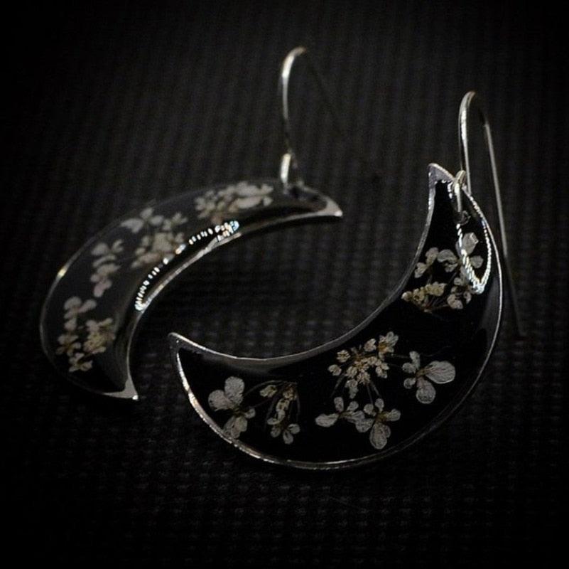 Boho Botanical Crescent Moon Earrings with Pressed Flowers