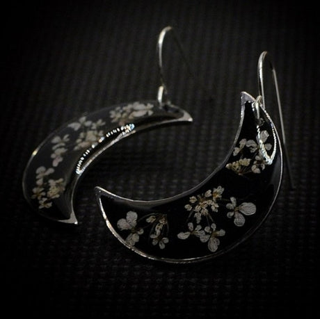 Boho Botanical Crescent Moon Earrings with Pressed Flowers