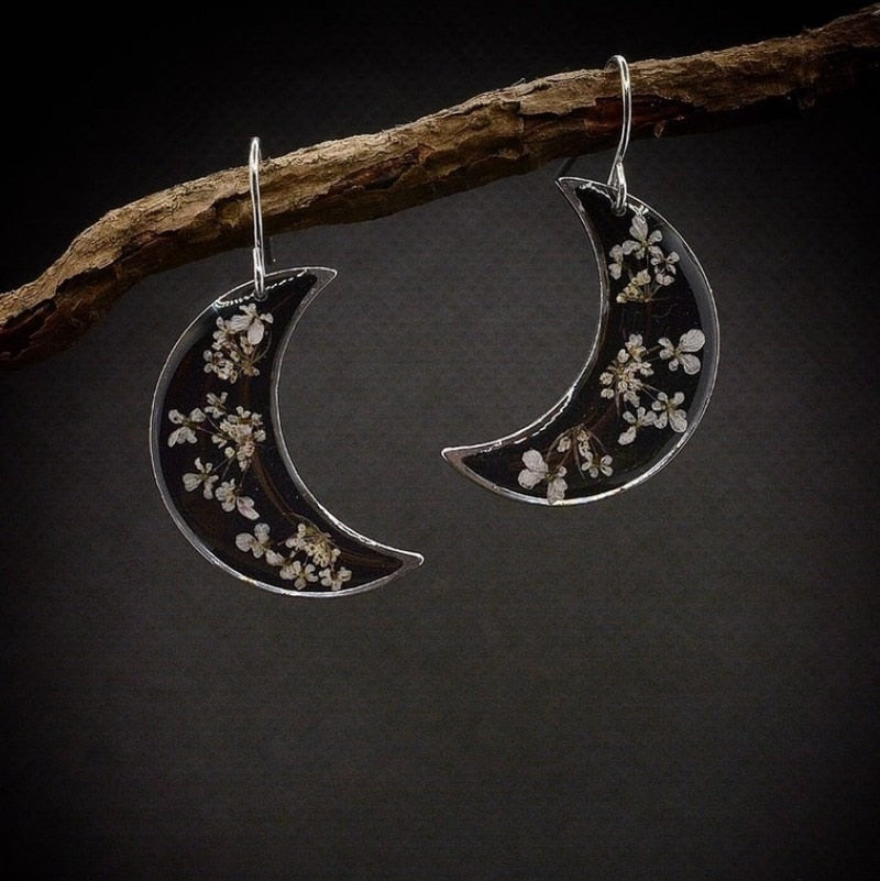 Boho Botanical Crescent Moon Earrings with Pressed Flowers