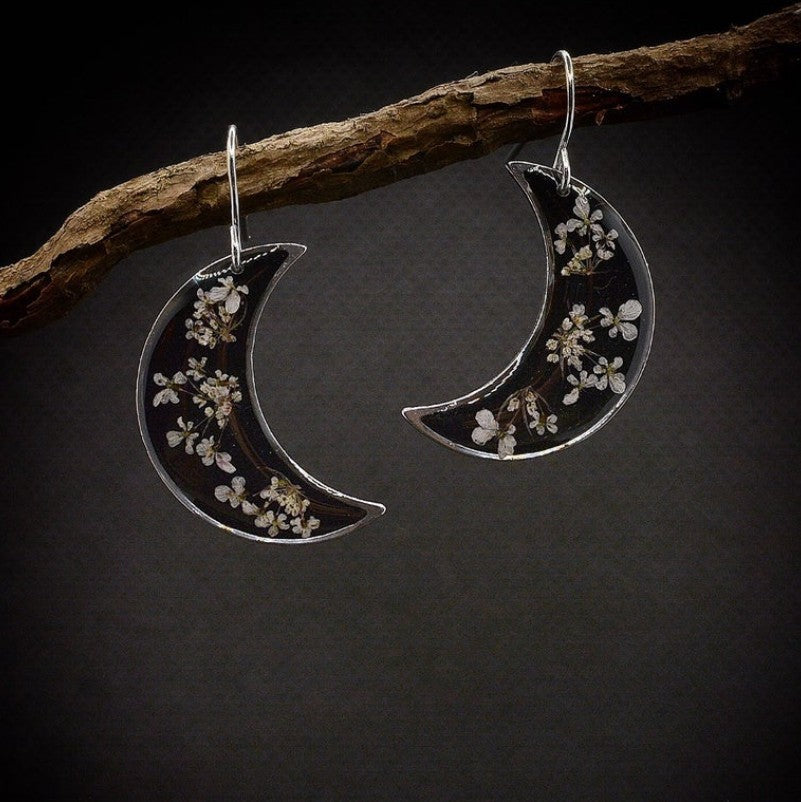 Boho Botanical Crescent Moon Earrings with Pressed Flowers