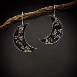 Boho Botanical Crescent Moon Earrings with Pressed Flowers