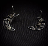 Boho Botanical Crescent Moon Earrings with Pressed Flowers