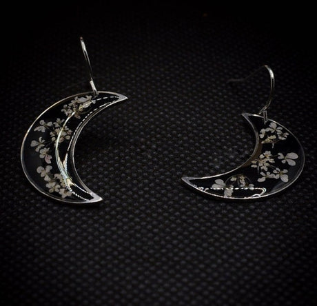 Boho Botanical Crescent Moon Earrings with Pressed Flowers